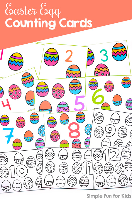 Practice numbers, counting to 12, 1:1 correspondence, and more with these printable Easter Egg Counting Cards 1-12. Perfect for preschoolers, toddlers, and kindergarteners. Available in 3 fonts, color, and b&w.
