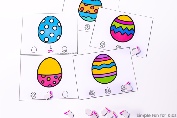 Practice matching the interesting patterns and colors of the Easter eggs with these printable Easter Egg Pattern Matching Clip Cards. Perfect for preschool and kindergarten.