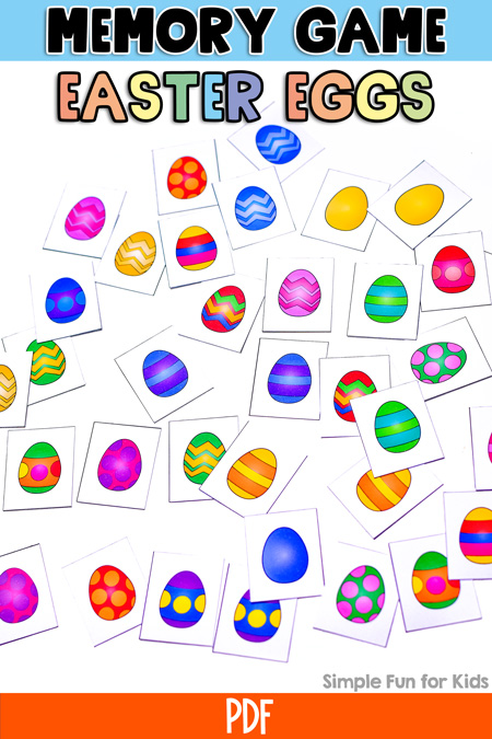 Pinnable image for Easter egg matching game. Says Easter Eggs Memory Game at the top and PDF with a Simple Fun for Kids watermark. The image shows the matching game layed out on a white desktop.