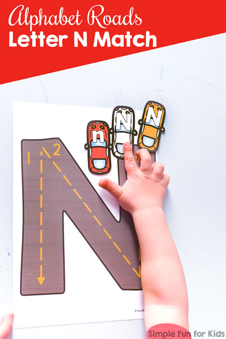 Alphabet Roads Letter N Match: A fun way to practice recognition of letter N, upper- and lowercase matching, letter sorting, tracing, and more! Perfect for toddlers and preschoolers.