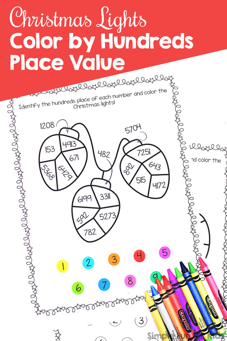 Practice place value with this fun, simple, no-prep Christmas Lights Color by Hundreds Place printable. Great for second and third graders learning, practicing, and reviewing place value strategies.