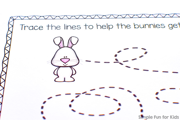 Practice fine motor skills with cute bunnies and no prep: Bunny Tracing Practice for Preschoolers and Kindergarteners (Day 1 of the 7 Days of Bunny Printables for Kids).