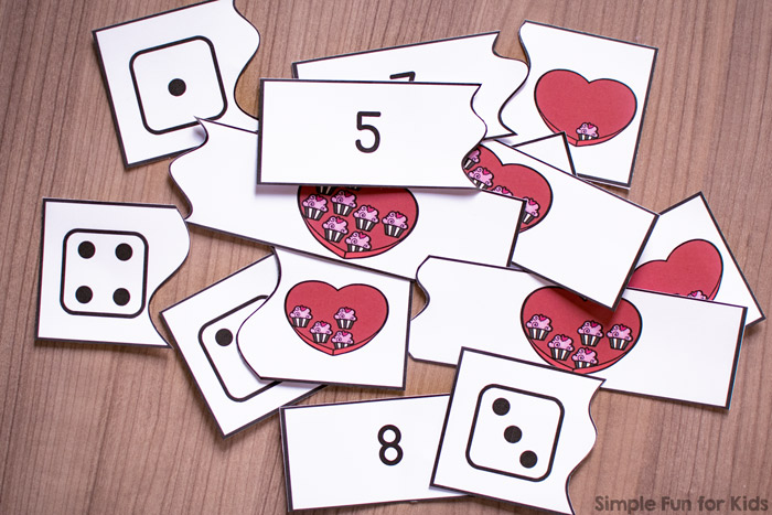 Practice counting up to 10 with numerals and up to 6 with dice with these cute printable self-correcting Valentine's Cupcakes Counting Puzzles! Perfect for toddlers and preschoolers who are just learning to count.
