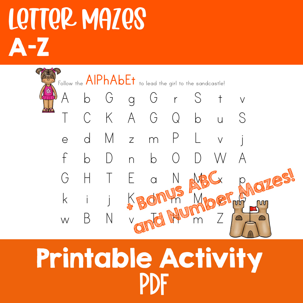 Learn the alphabet with this set of letter mazes A-Z in uppercase, lowercase, and mixed case versions. Bonus ABC and number mazes also included! Perfect for preschoolers, kindergarteners, and first graders learning letter recognition.