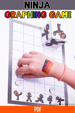 Counting, graphing, taking turns, rolling a die, and more: This simple cute printable Ninja Graphing Game works on many skills and is just plain fun for both my preschooler and elementary student.
