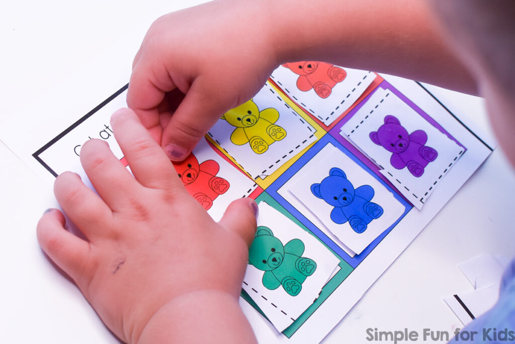 So cute! Practice colors and fine motor skills with this Rainbow Bear Color Match Cut and Paste worksheet! No-prep, quick, simple, and perfect for preschool and kindergarten.
