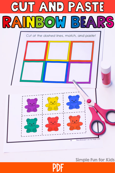 So cute! Practice colors and fine motor skills with this Rainbow Bear Color Match Cut and Paste worksheet! No-prep, quick, simple, and perfect for preschool and kindergarten.