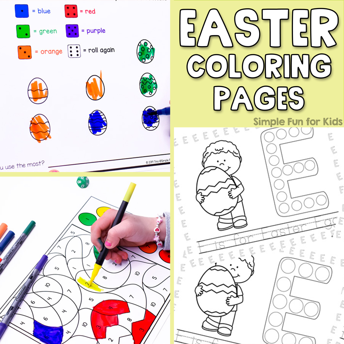 Free printable Easter coloring pages: Easter egg roll and color, color by number, dot marker coloring.