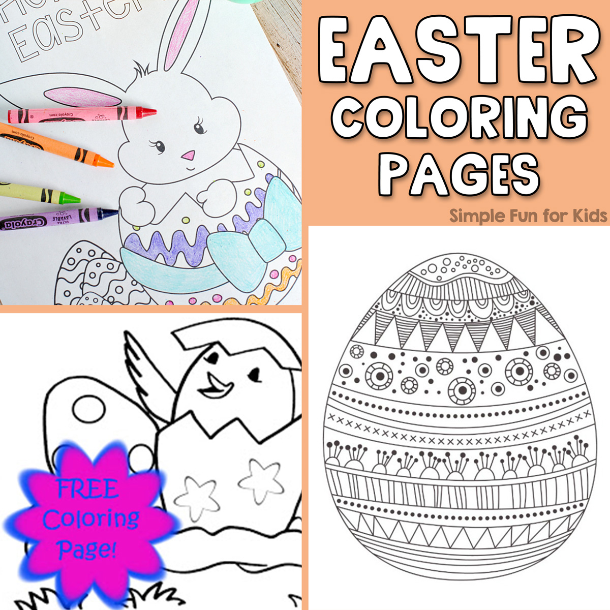 Printable Easter Coloring Pages: Bunny in an Easter egg, chick in an eggshell, detailed Easter egg pattern for adults.