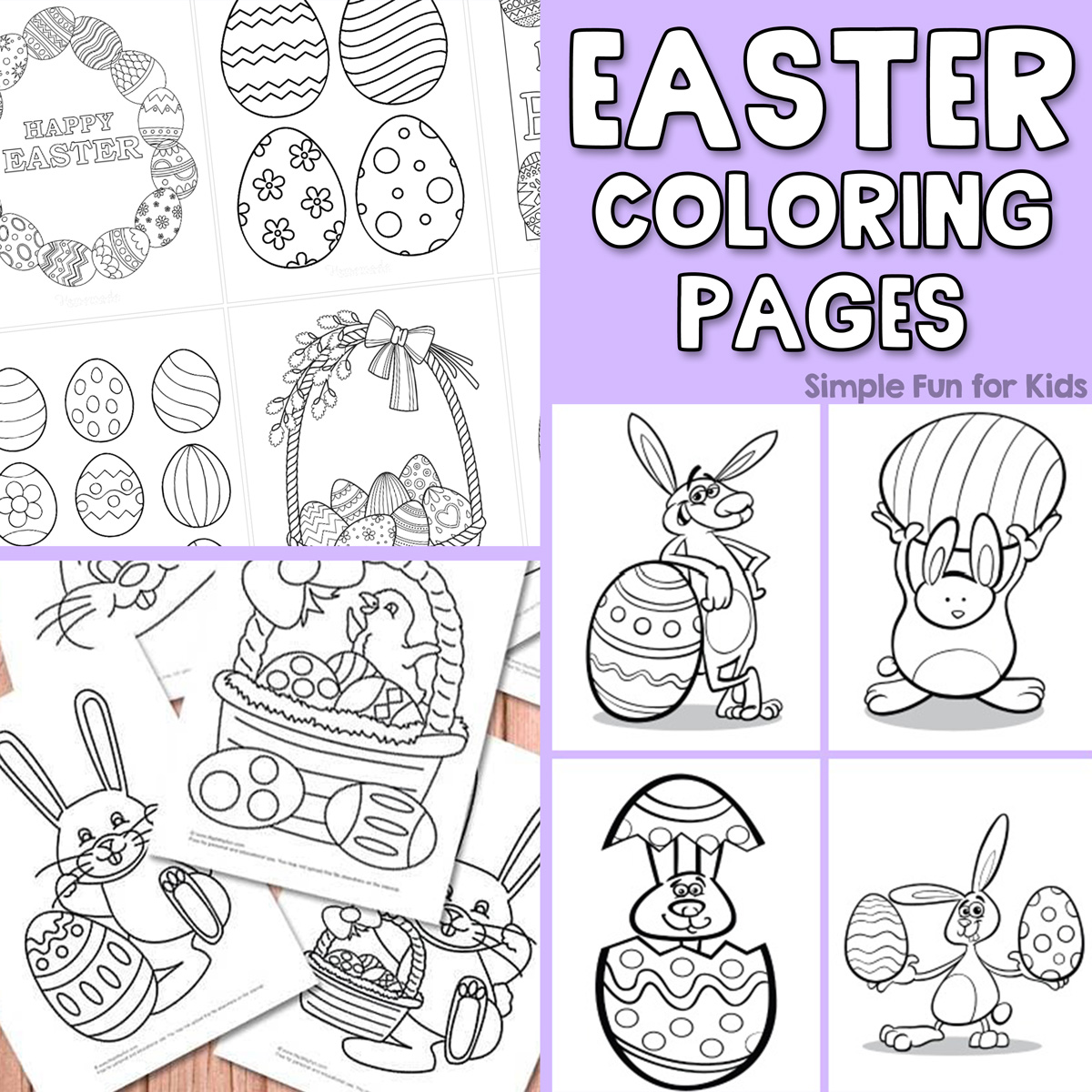 Lots of Easter coloring pages with Easter bunnies, Easter eggs, Easter baskets, and more.