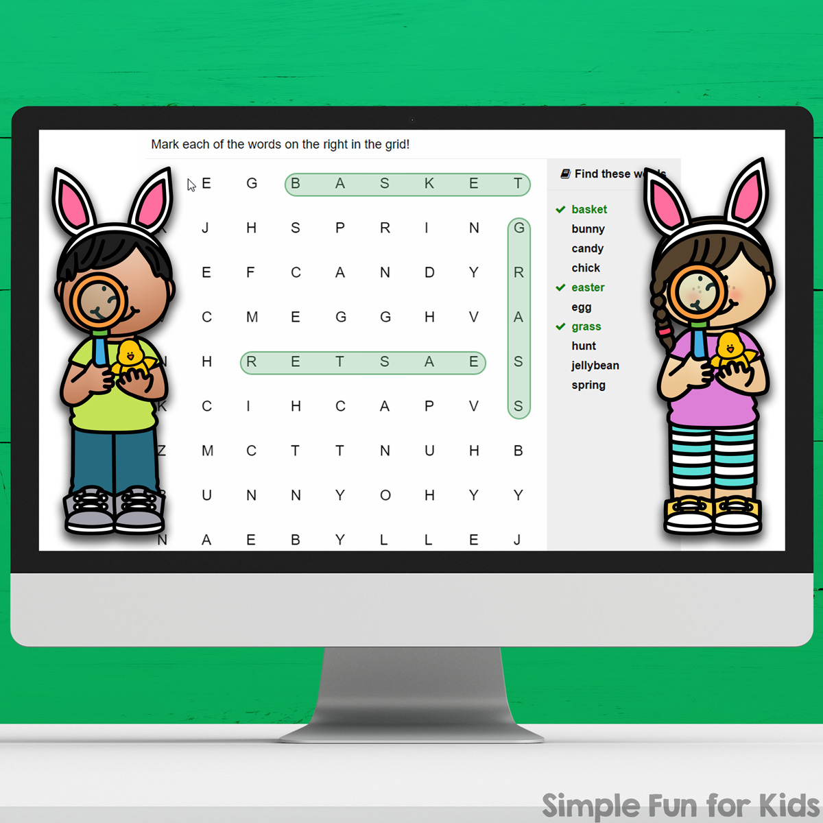 Picture of the interactive Easter word search displayed on a monitor in front of a light green background.