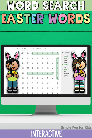 Featured image for interactive Easter word search browser game. At the top, it says Word Search in white on a light green background and Easter Words in Easter pastel colors. There's a picture of a monitor with the word search on it and two kids wearing bunny ears and holding up magnifying glasses. The monitor is in front of a turquoise wall and on top of a white desk. At the bottom is a Simple Fun for Kids watermark above a lilac banner that says interactive in white.