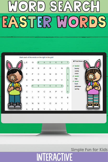 Pinnable image for Interactive Easter Word Search on Simple Fun for Kids. At the top, it says word search and Easter words. Below is a picture of the interactive word search displayed on a computer monitor with clip art of kids holding magnifying glasses and Easter chicks superimposed on it. At the bottom, there's a lavender banner with "Interactive" in white letters as well as a Simple Fun for Kids watermark.