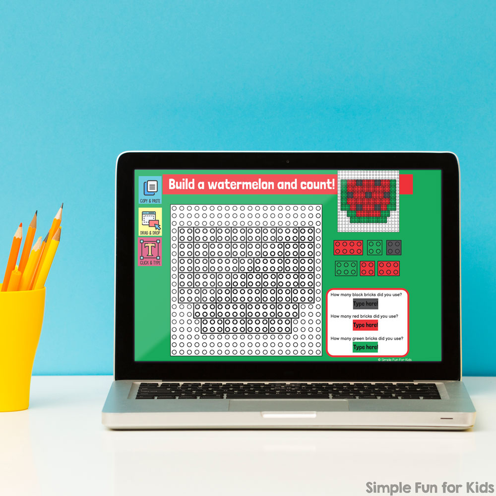 Mockup of a Google slide from the set of Digital Building Bricks Summer Build and Count Challenges: a prompt to build a watermelon from digital lego bricks. It's displayed on a laptop screen. The laptop is on top of a gray desktop with a yellow cup with yellow pencils next to it. The wall behind the laptop is blue.