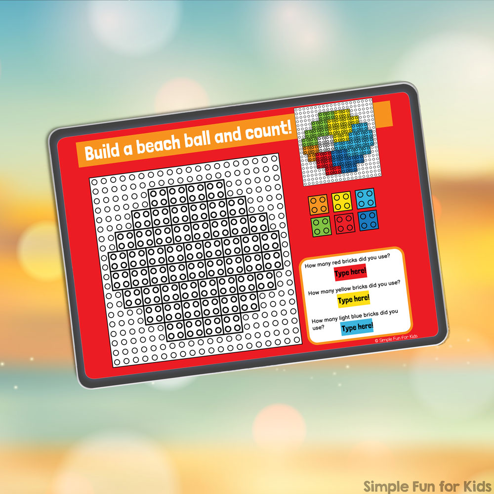 Mockup of one slide from the digital building bricks summer set where kids are prompted to build a beach ball from digital building bricks. The slide is displayed on a tablet. The background is a blurry image of a beach and water.