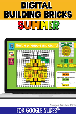 Featured image for Digital Building Bricks Summer Challenge. At the top, it says Digital Building Bricks in black on a yellow background and Summer in rainbow colors. In the middle of the image, there's a laptop screen showing one slide from the build and count challenges. At the bottom, it says For Google Slides in white on a blue background.