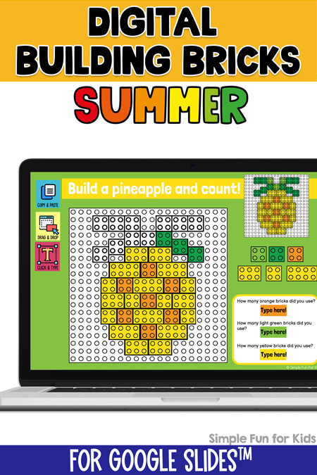 Pinnable image for Digital Building Bricks Summer Challenge. At the top, it says Digital Building Bricks in black on a yellow background and Summer in rainbow colors. In the middle of the image, there's a laptop screen showing one slide from the build and count challenges. At the bottom, it says For Google Slides in white on a blue background.
