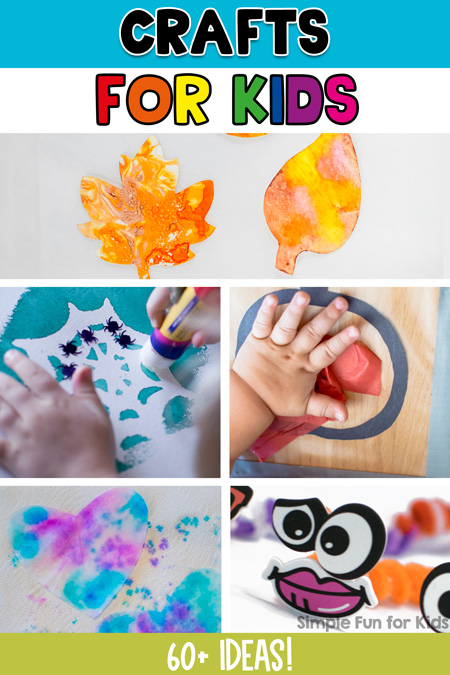 A selection of 60+ crafts for kids of all ages, from toddlers to elementary, from Simple Fun for Kids! Suncatchers, finger and handprint crafts, and other quick and simple crafts.