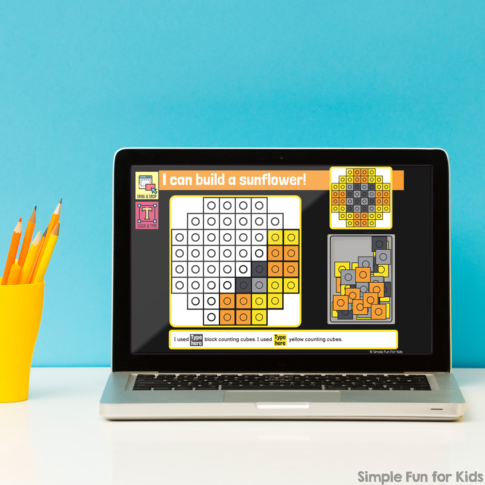 Picture of the sunflower build and count challenge as part of the digital counting cubes fall product for Google Slides. The slide is being displayed on a laptop screen. The laptop is on top of a desk with a yellow cup of yellow pencils next to it and a blue wall in the background.