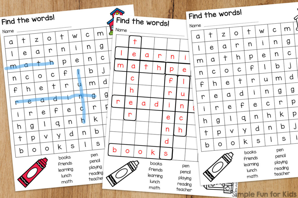 A picture of the three pages that are included in the back to school word search pdf file: One page with the word grid at the top, the word bank at the bottom, and three colored images; one page with black&white images for ink savings and coloring; and an answer key.