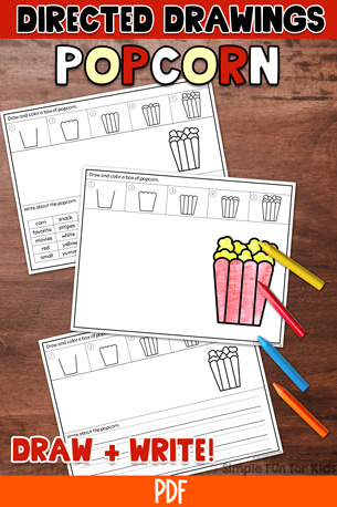 Featured image for How to Draw Popcorn Directed Drawing Worksheets. Shows three of the four different versions printed out on top of a brown wooden desk. One box of popcorn is colored in with red and yellow crayons. There are also two other crayons in blue and orange on the table. At the top, there's a red banner with directed drawings on it in black and the word popcorn in white, yellow, and red letters. At the bottom, there's draw + write! in red and below that, an orange banner with PDF on it in white. There's also a black Simple Fun for Kids watermark at bottom right.