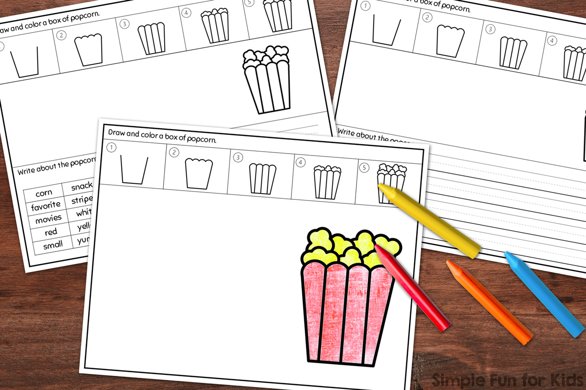Picture of three versions of popcorn directed drawings differentiated draw and write worksheets: Drawing only, drawing and writing with a wordbank, and drawing and writing with no wordbank.