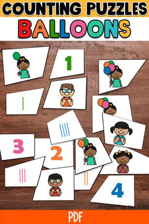 Featured image of numbers 1-4 4-piece counting puzzles with a balloon theme. The pieces are scattered on a dark brown wooden table top. At the top is a yellow banner that says counting puzzles in black with the word balloons in different colors underneath. At the bottom is an orange banner with PDF in white on it and a black Simple Fun for Kids watermark.