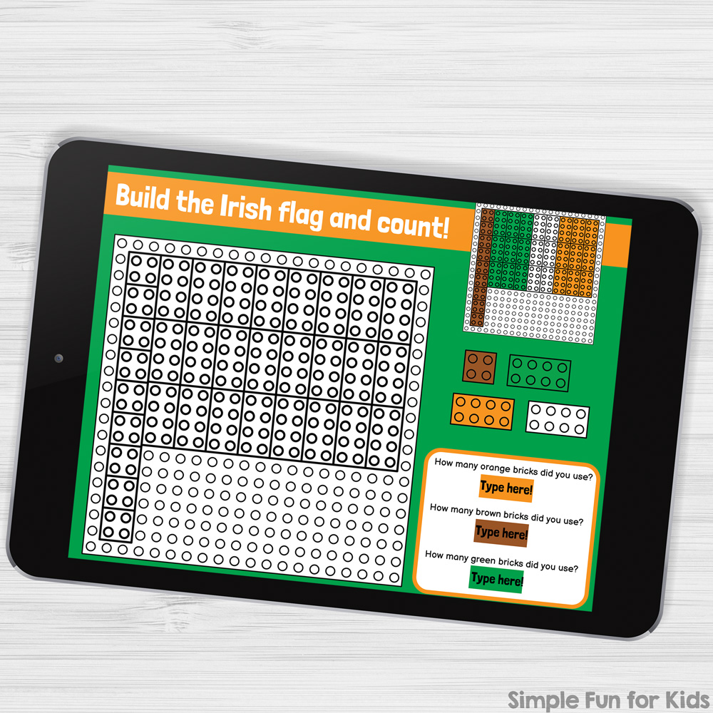 Picture of an iPad on top of a white desk. On the iPad is a slide from the digital St. Patrick's Day LEGO product showing an Irish flag that elementary students can assemble from digital LEGO bricks.