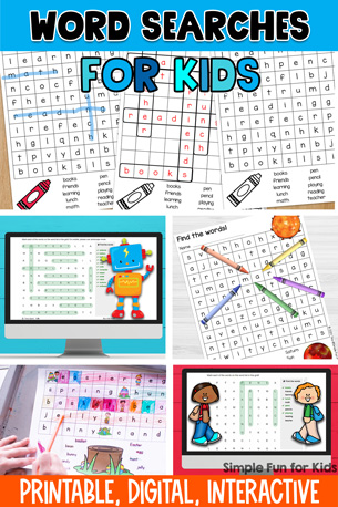 Featured image for the word searches for kids landing page. At the top, it says word searches in black on top of a blue background with "for kids" in different shades of blue underneath. There's a collage of six word search activities in the middle of the picture. At the bottom, it says "printable, digital, interactive" in white on an orange banner. A black Simple Fun for Kids watermark is at bottom right.