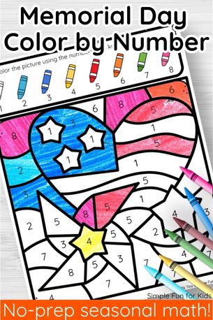 Memorial Day color by number printable for preschool and kindergarten — patriotic heart with stars and flag stripes