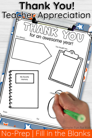Thank You Teacher Appreciation Printable - No-Prep Fill in the Blanks