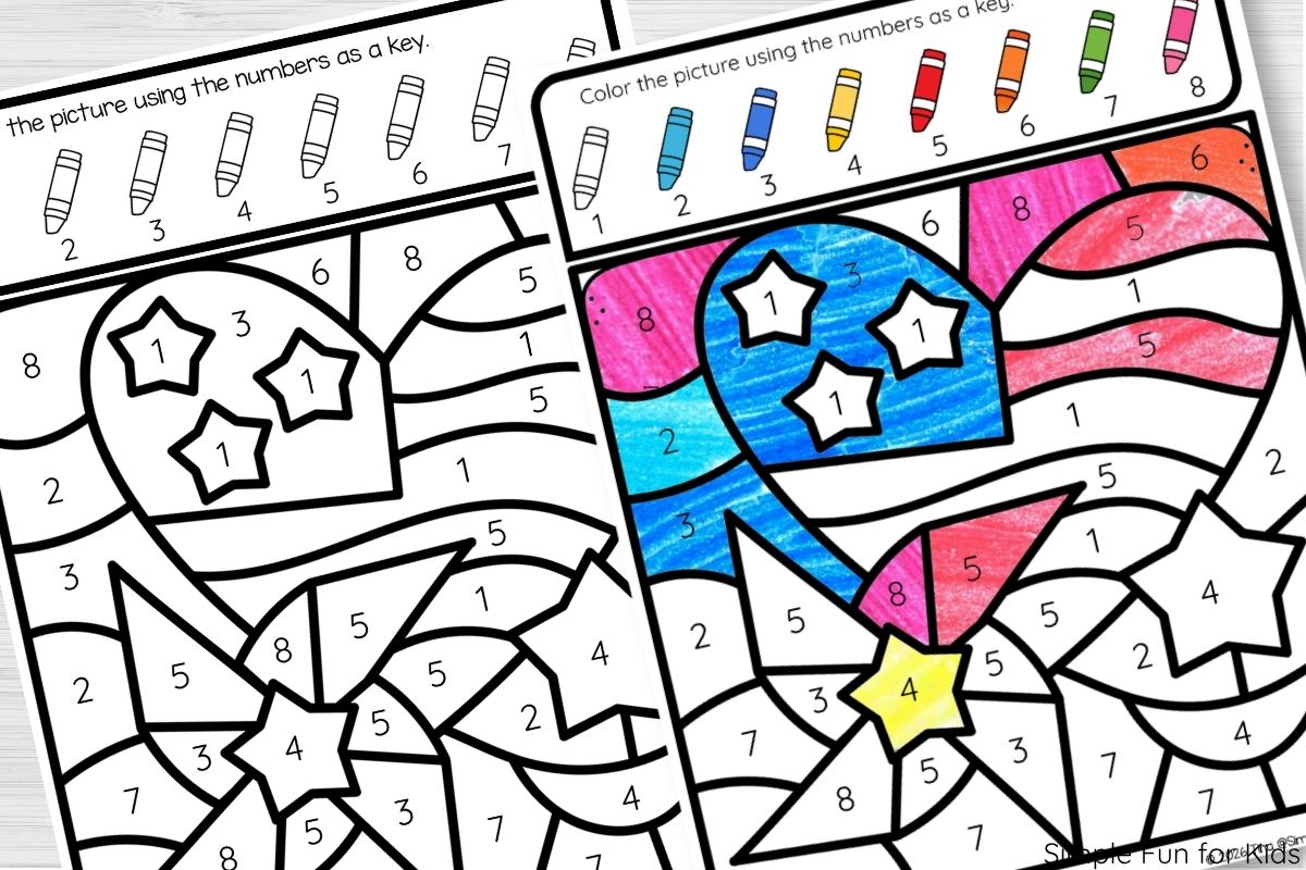 Memorial Day color by number printable pages — blank worksheet next to completed example with patriotic heart and stars