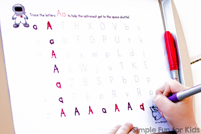 Printable letter mazes for kids who are ready for the next step after letter recognition: A is for Astronaut Handwriting Letter Mazes! Great for preschoolers and kindergarteners.