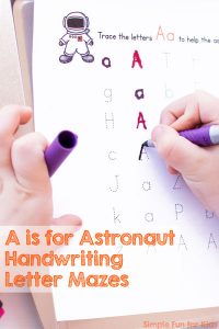 Printable letter mazes for kids who are ready for the next step after letter recognition: A is for Astronaut Handwriting Letter Mazes! Great for preschoolers and kindergarteners.