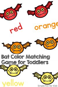 This simple printable game is so much fun for my two-year-old: Bat Color Matching Game for Toddlers! Perfect for Halloween (non-scary!) or any time of the year!
