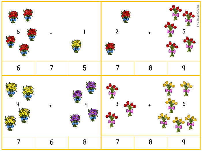 Practice addition up to 10 with your preschooler or kindergartener and these printable Bunches of Flowers Addition Clip Cards!