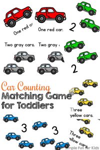 I'm introducing my 2-year-old to numbers using his favorite theme: This printable Car Counting Matching Game for Toddlers introduces numbers up to 3 with cars in six different colors. Great basic math practice while also working on important skills like fine motor, visual discrimination, visual scanning, and having fun!