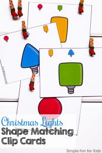 Practice basic shape (and color!) recognition with these fun Christmas Lights Shape Matching Clip Cards! (Day 11 of 24 Days of Christmas Printables for Toddlers.)