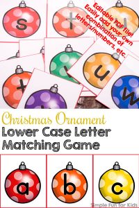 Matching games can be used for so many learning objectives! This one will work for letter and color recognition: Christmas Ornament Lower Case Letter Matching Game! (Day 7 of the 24 Days of Christmas Printables for Toddlers.)