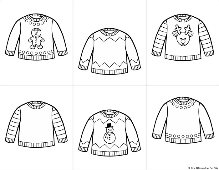 For day 2 of the 24 Days of Christmas Printables for Toddlers, I have a cute simple Christmas Sweater Matching Game for Toddlers! Includes color and black and white pages with and without words.