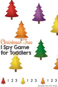 Toddlers can play I Spy, too! Simplified printable Christmas Tree I Spy Game for Toddlers as an introduction to talking about colors, visual discrimination, and counting up to 3. (Day 3 of the 24 Days of Christmas Printables for Toddlers.)