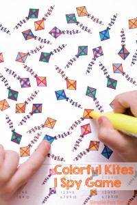 Practice counting up to 10, 1:1 correspondence, visual discrimination, number recognition, and more with a spring theme: Colorful Kites I Spy Game, perfect for preschoolers!