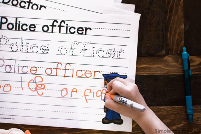 Help your kindergartener or preschooler practice handwriting with this cute Community Helper Handwriting Practice Printable! Includes a dashed font and one with directional arrows.