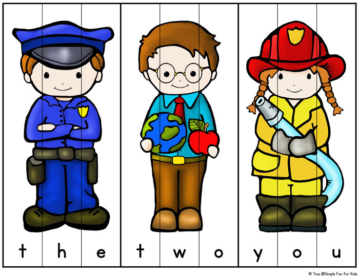 Is your preschooler or kindergartener learning pre-primer sight words? Make it more fun with these cute printable Community Helpers Sight Word Puzzles! Perfect for a community workers theme or just because firefighters, police officers, teachers, etc. are awesome :)