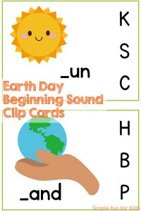 Printable Literacy Clip Cards for Kids: Practice beginning sounds with these cute Earth Day Beginning Sound Clip Cards! Great for older preschoolers and kindergarteners!