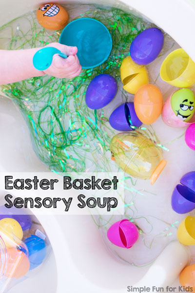 Simple Water Play for Kids: Try this super simple Easter Basket Sensory Soup with toddlers, preschoolers, and even older kids! Lots of fun with something that you can set up easily in a few minutes.