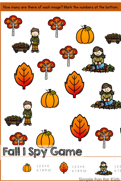 How many are there of each item? Enjoy this fun Fall I Spy Game for some informal math practice, including counting up to 10, 1:1 correspondence, visual discrimination, and number recognition. Perfect for your preschooler or kindergartner! CCSS.Math.Content.K.CC.B.5, CCSS.Math.Content.K.CC.B.4.a, CCSS.Math.Content.K.CC.B.4.b