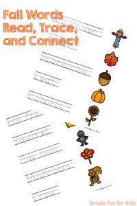 Practice reading and writing simple fall words with your kindergartener with this printable Fall Words Read, Trace, and Connect!