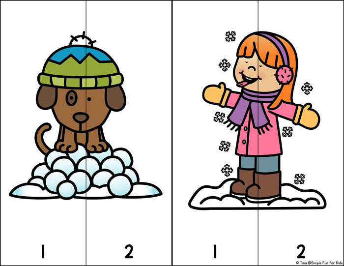 Work on hand-eye coordination, problem solving, early number recognition, and more with these Fun in the Snow 2-Piece Number Puzzles featuring cute kids and a dog! (Day 9 of the 24 Days of Christmas Printables for Toddlers.)