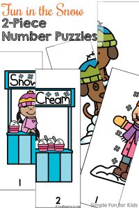 Work on hand-eye coordination, problem solving, early number recognition, and more with these Fun in the Snow 2-Piece Number Puzzles featuring cute kids and a dog! (Day 9 of the 24 Days of Christmas Printables for Toddlers.)